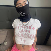 Top corto Y2K con letras de diamantes de imitación